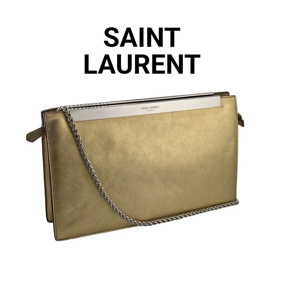 Saint Laurent Luteia Gold Metallic Leather Clutch Bag with Chain COA